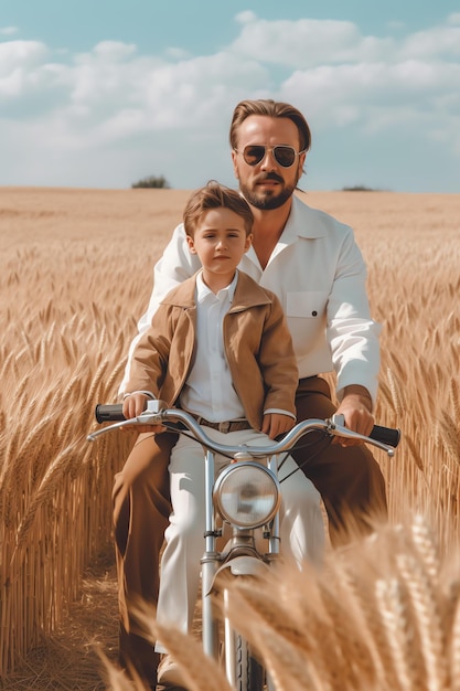 Um homem e um menino em uma bicicleta em um campo de trigo