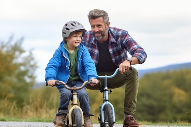 Um homem e um menino em uma imagem ai generativa de bicicleta