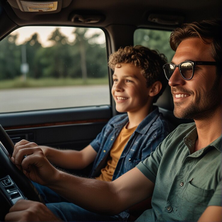Foto um homem e um menino estão dirigindo um carro com a palavra na frente do carro