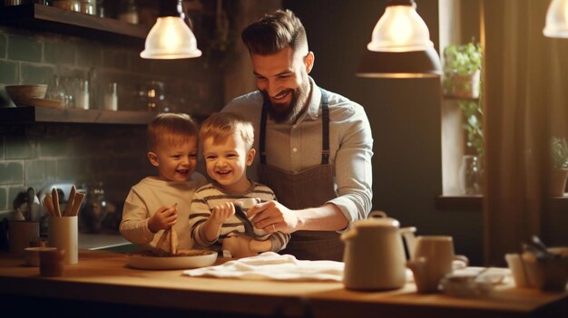 um homem e um menino estão na cozinha