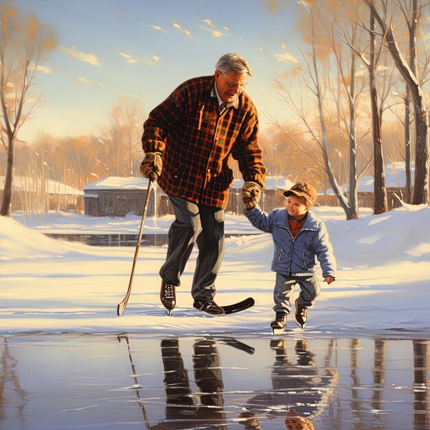 Foto um homem e um menino estão patinando no gelo.