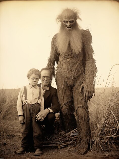 Foto um homem e um menino estão posando com um homem em um traje