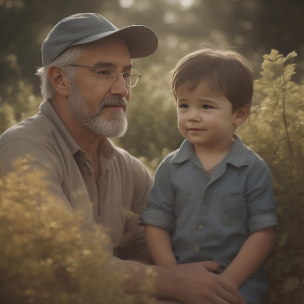 Um homem e um menino estão sentados em um campo de flores.