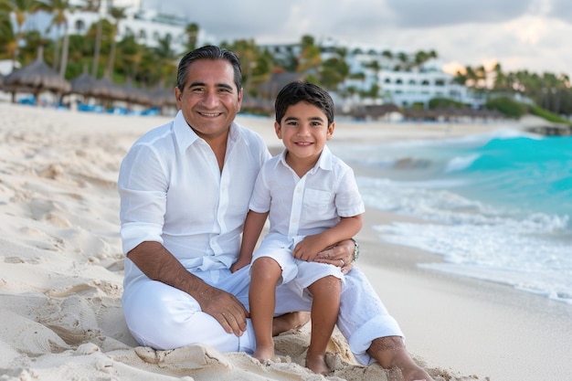 Um homem e um menino estão sentados na praia sorrindo para a câmera