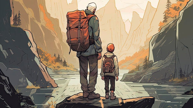 Um homem e um menino estão sobre uma rocha olhando para uma montanha.