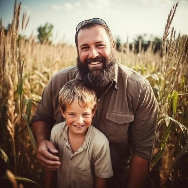 Foto um homem e um menino estão sorrindo em um campo