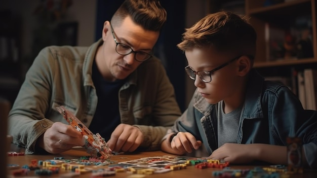 Um homem e um menino jogando um jogo de tabuleiro com uma peça de quebra-cabeça.