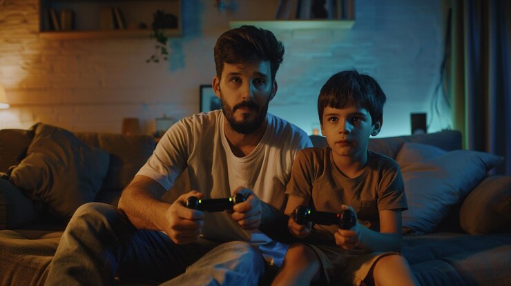 Foto um homem e um menino jogando um videogame com um controlador