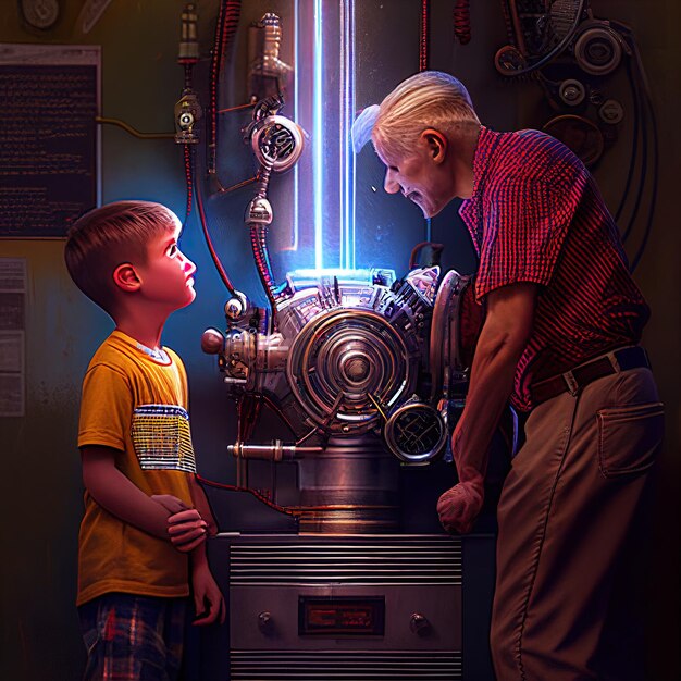 um homem e um menino olhando para uma máquina a vapor