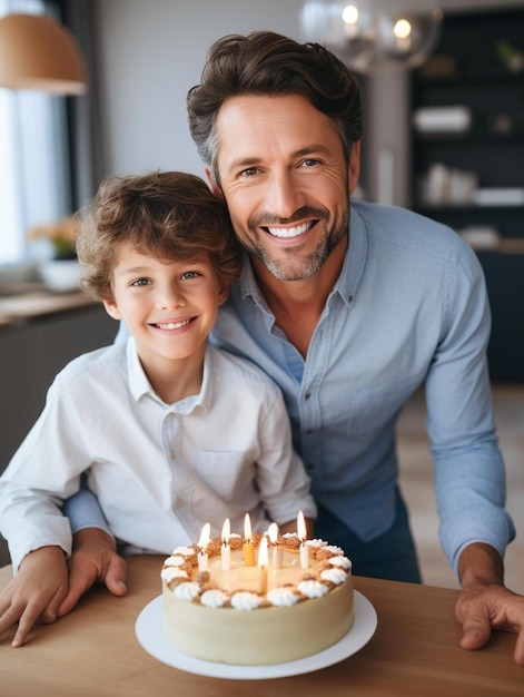 um homem e um menino sentados em frente a um bolo de aniversário