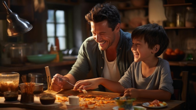 Um homem e um menino sentados em uma mesa desfrutando de uma refeição juntos