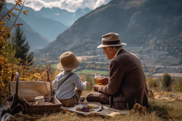 Um homem e um menino sentam-se em uma colina e desfrutam de um piquenique nas montanhas