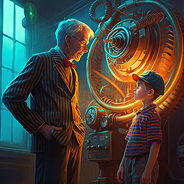 Foto um homem e um rapaz estão a olhar para um relógio.