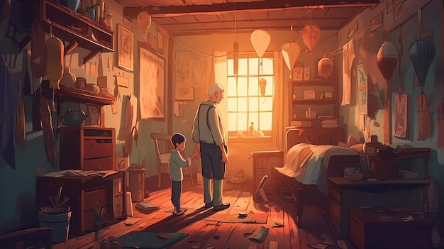 Um homem e um rapaz numa sala com balões no teto.