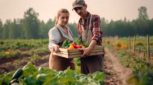 Um homem e uma agricultora colhem legumes no jardim Generative Ai