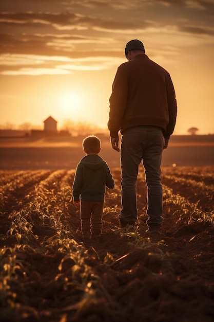 Um homem e uma criança andando em um campo