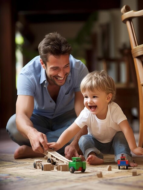 Um homem e uma criança brincando com um brinquedo de madeira