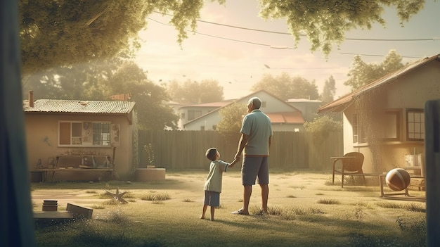 Um homem e uma criança caminham em um quintal com uma casa ao fundo