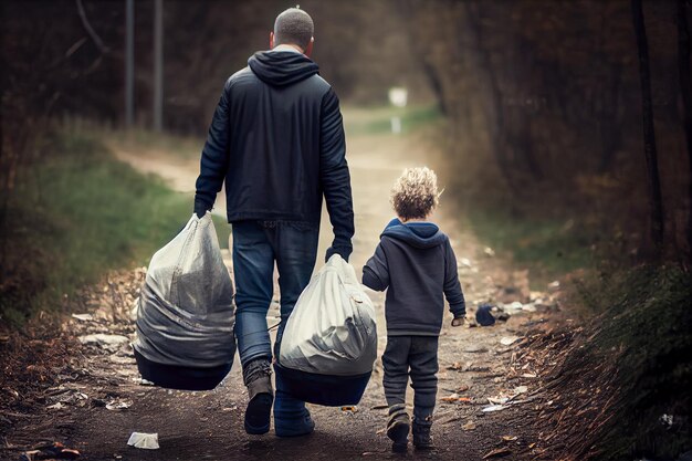 Um homem e uma criança caminham por um caminho com sacos de lixo.