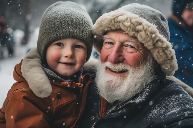 Um homem e uma criança em roupas de inverno