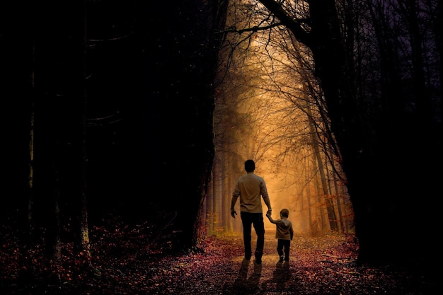 um homem e uma criança estão caminhando na floresta com o sol brilhando através das árvores