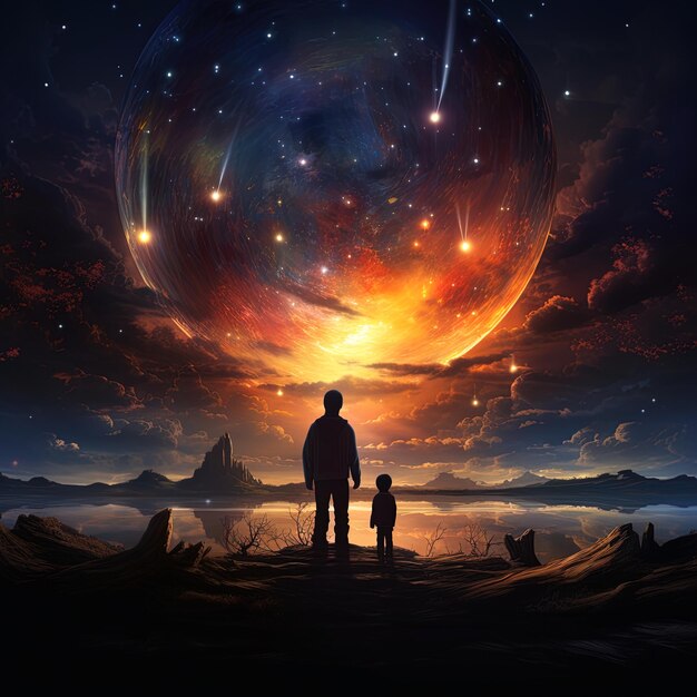 Um homem e uma criança estão de pé em frente a um planeta com as palavras "o universo" nele.