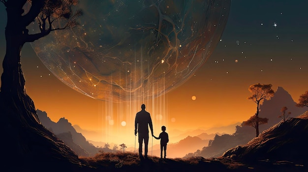 Um homem e uma criança estão diante de um planeta com o sol brilhando sobre eles.