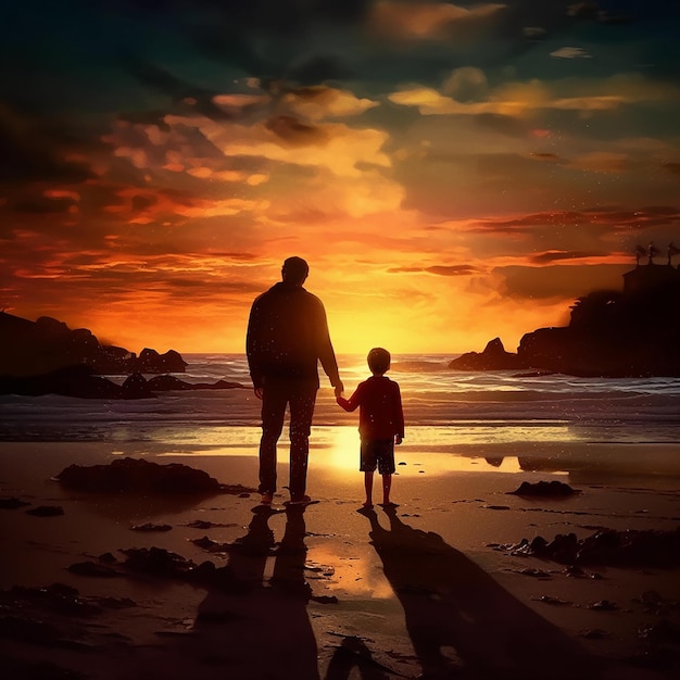 Um homem e uma criança estão em uma praia com o pôr do sol ao fundo