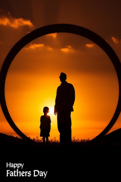 Um homem e uma criança estão na frente de um círculo com o sol se pondo atrás deles.