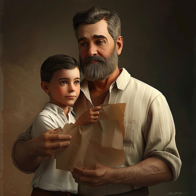 um homem e uma criança estão olhando para um jornal