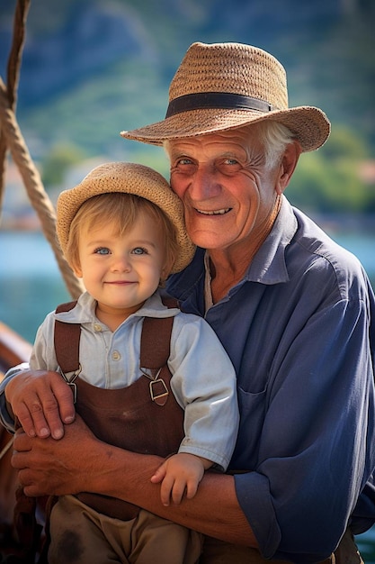 Foto um homem e uma criança estão posando para uma foto com um menino