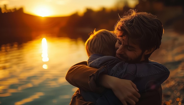 Foto um homem e uma criança estão se abraçando enquanto olham para o sol