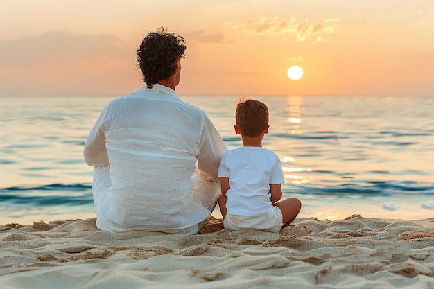 Um homem e uma criança estão sentados na praia vendo o pôr do sol