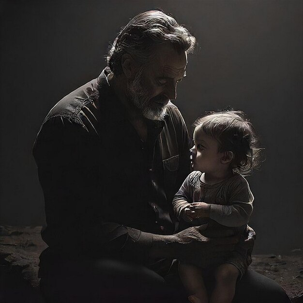 Foto um homem e uma criança estão sentados no chão.