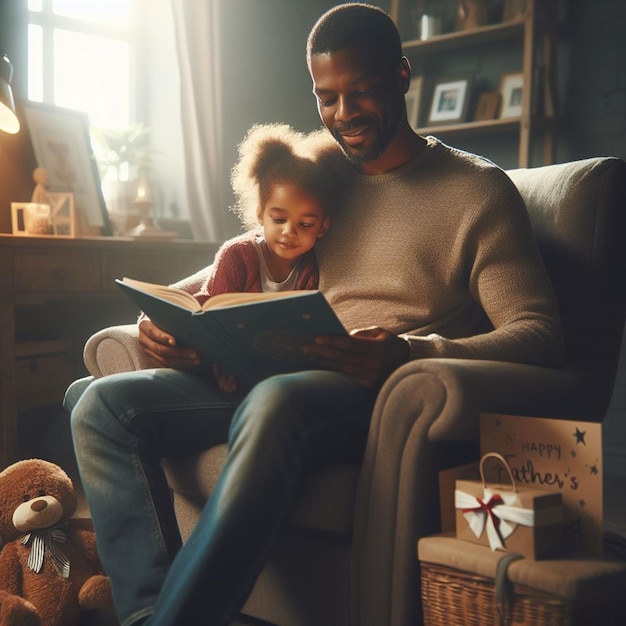 um homem e uma criança lendo um livro com um cartão de Natal no fundo