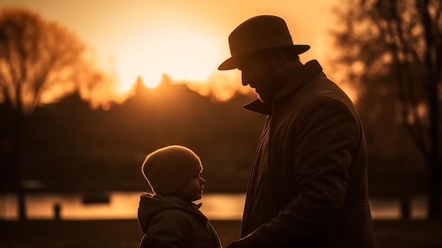 Um homem e uma criança são mostrados em silhueta contra o céu do pôr do sol.