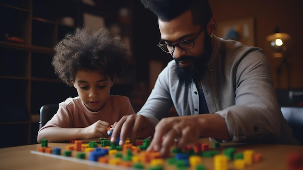 Um homem e uma menina brincam com um quebra-cabeça.