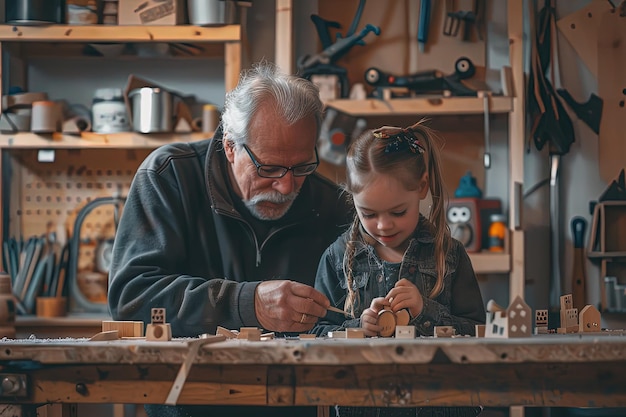 Um homem e uma menina brincando com blocos de madeira