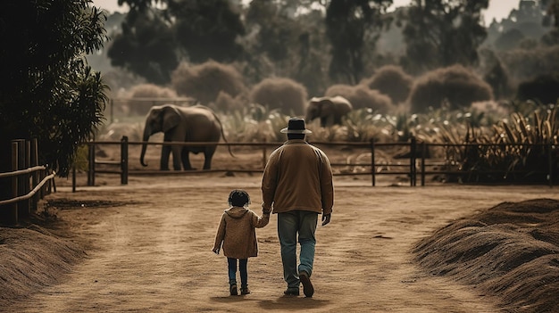 Um homem e uma menina caminham juntos na frente de elefantes.