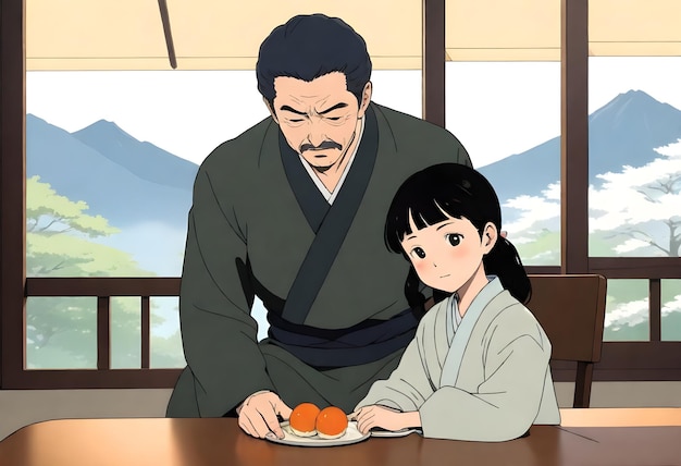 Foto um homem e uma menina estão comendo comida com montanhas ao fundo