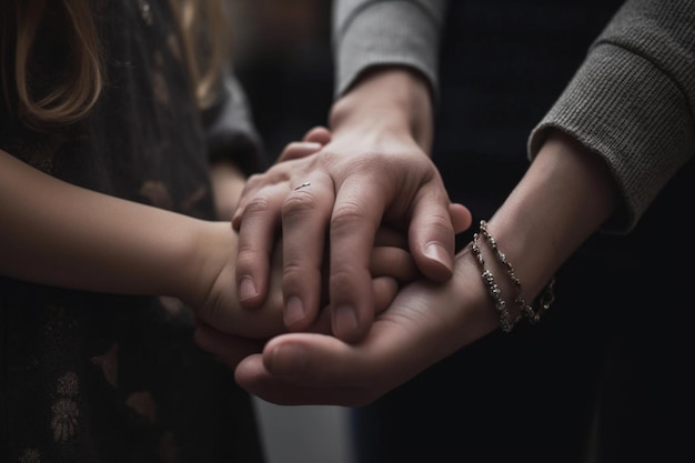 Um homem e uma menina estão de mãos dadas com uma mão na outra.