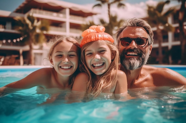 Um homem e uma menina estão em uma piscina com seus pais