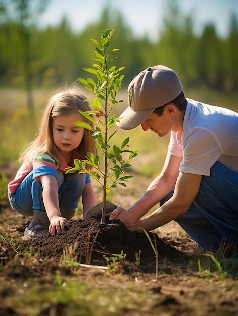 Um homem e uma menina estão plantando uma árvore