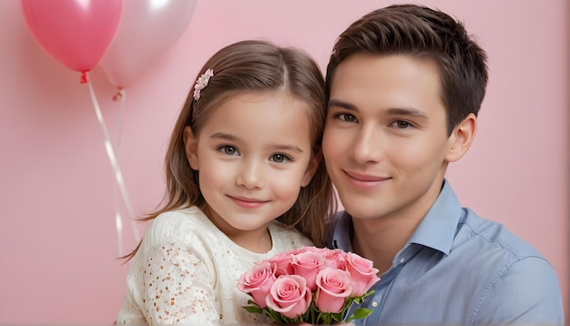 Foto um homem e uma menina posando com rosas rosas