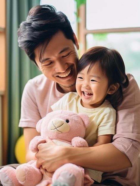 um homem e uma menina segurando um ursinho de pelúcia