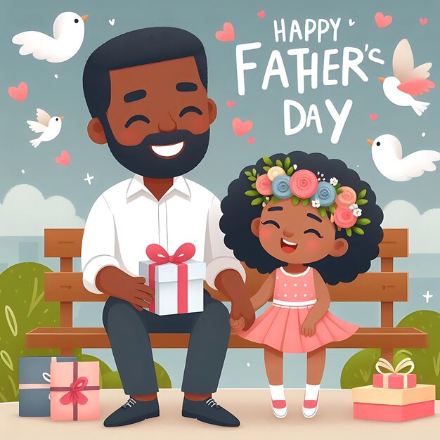 um homem e uma menina sentados em um banco com um cartão que diz feliz dia dos pais