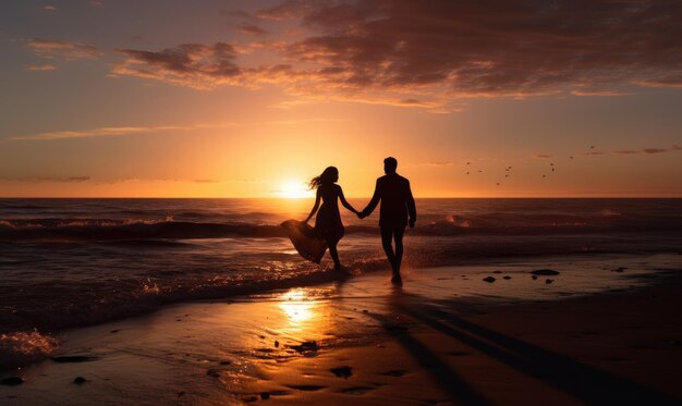 Um homem e uma mulher a caminhar na praia ao pôr-do-sol