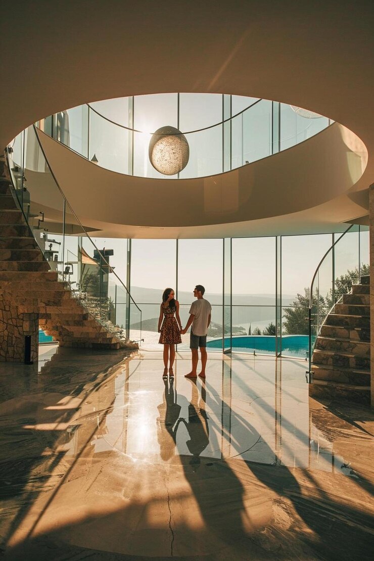 Foto um homem e uma mulher a caminhar por um edifício