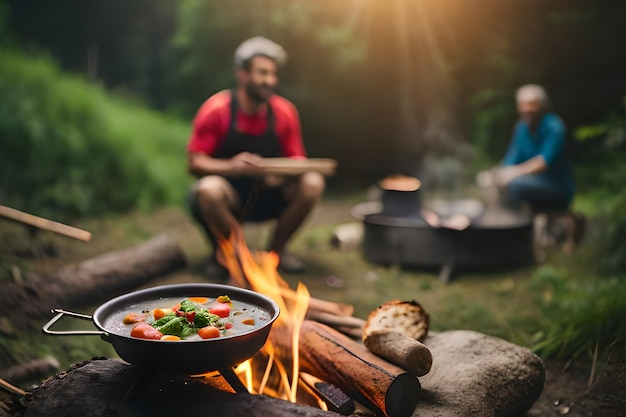 Um homem e uma mulher a cozinhar comida sobre uma fogueira.