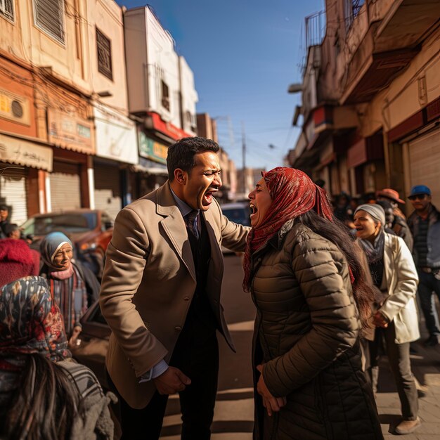 Foto um homem e uma mulher a falar numa rua com um homem a falar um com o outro.